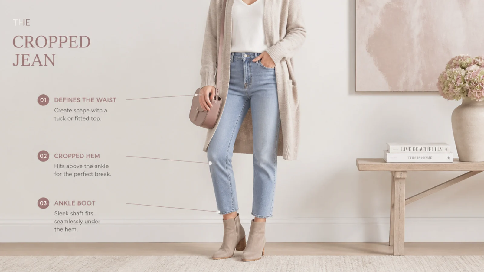Faceless diagram-style shot showing a cropped jean hem breaking just above an ankle boot shaft