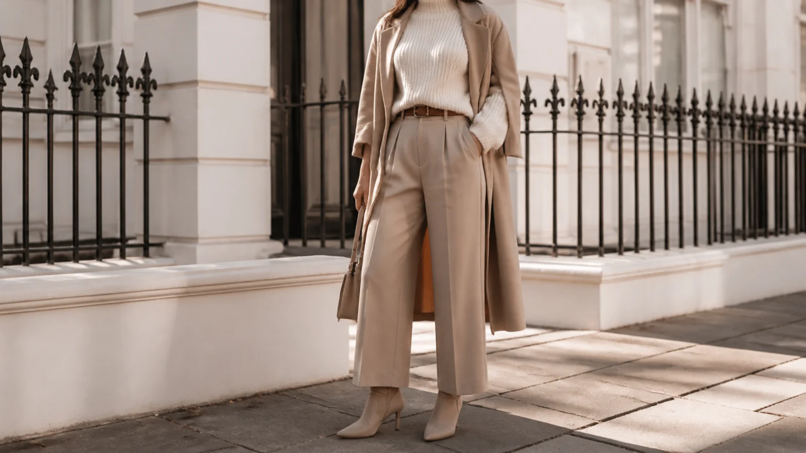 Faceless 2026 outfit with a sleek second-skin sock ankle boot and a tonal tailored look