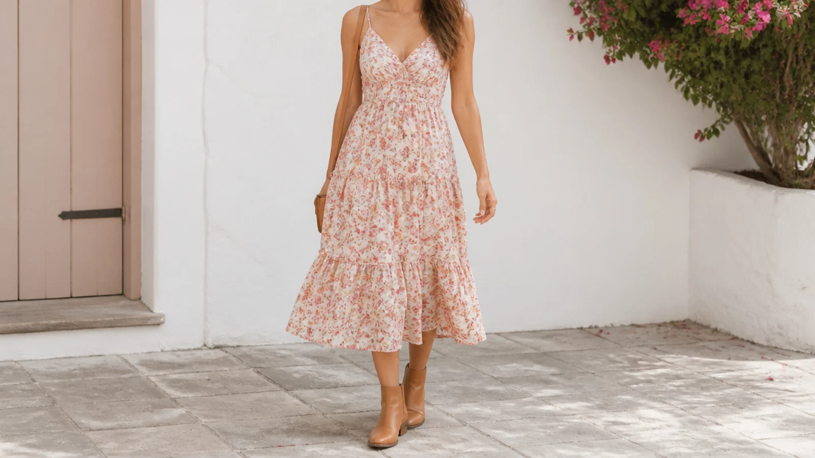 Faceless summer outfit pairing a low breathable leather ankle boot with a cotton sundress and no-show socks