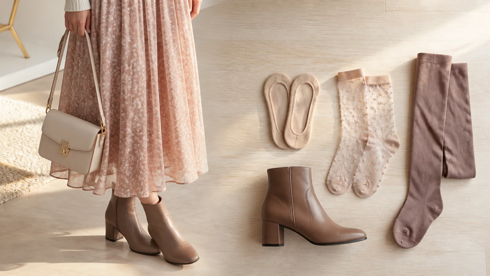 Faceless flat-lay of no-show socks, sheer socks and opaque tights laid beside a leather ankle boot