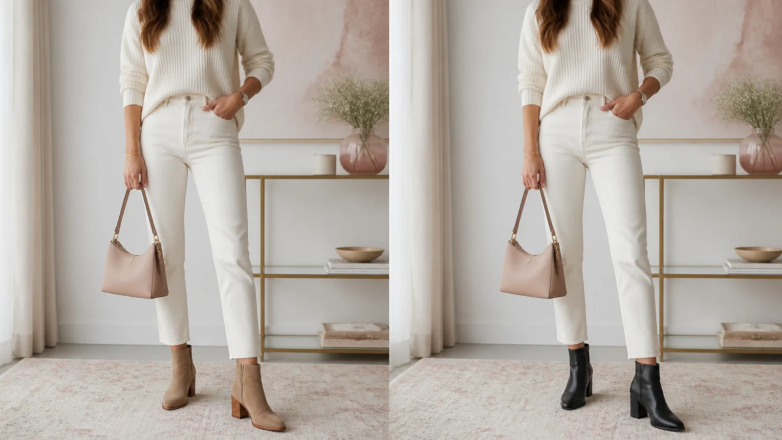 Faceless comparison of a tan suede ankle boot beside a black leather ankle boot for seasonal styling