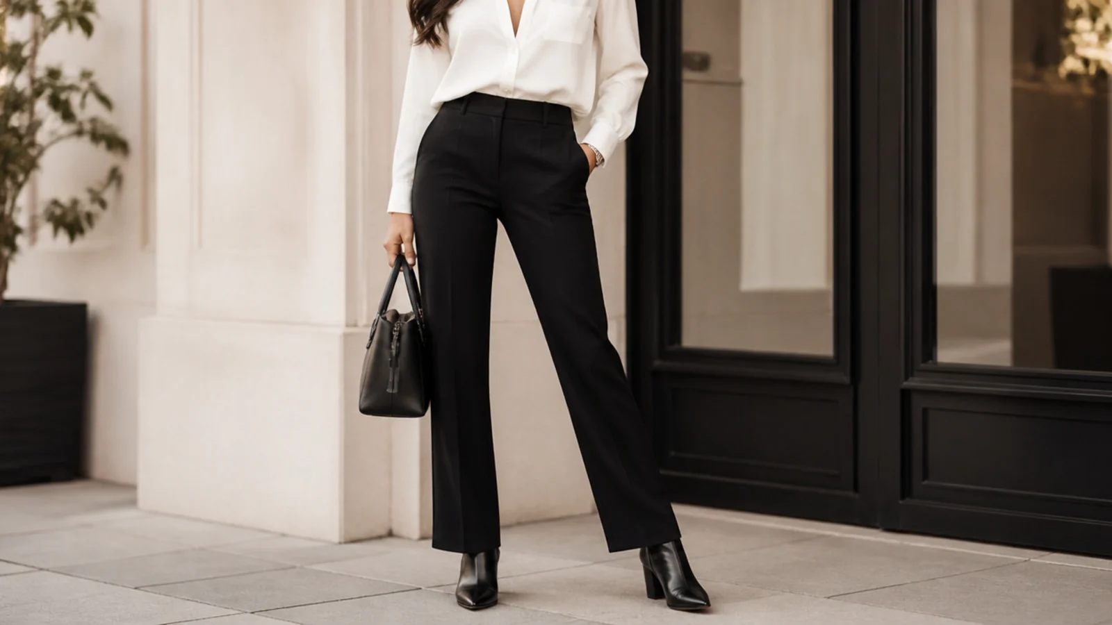 Faceless business formal outfit with black tailored trousers, a white blouse and a black almond-toe leather ankle boot