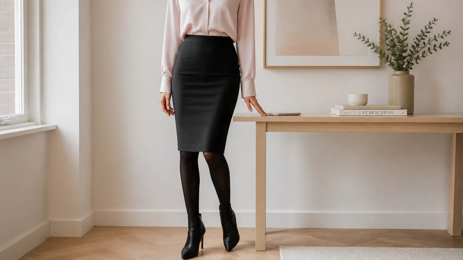 Faceless office outfit with a black pencil skirt, opaque tights and a pointed heeled leather ankle boot