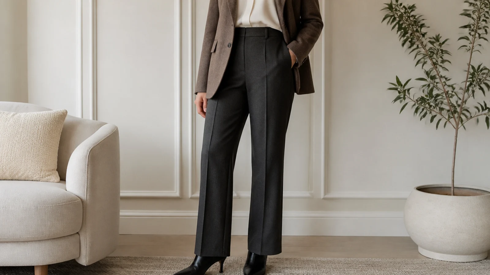 Faceless business formal outfit with charcoal wool dress pants skimming a heeled black leather ankle boot