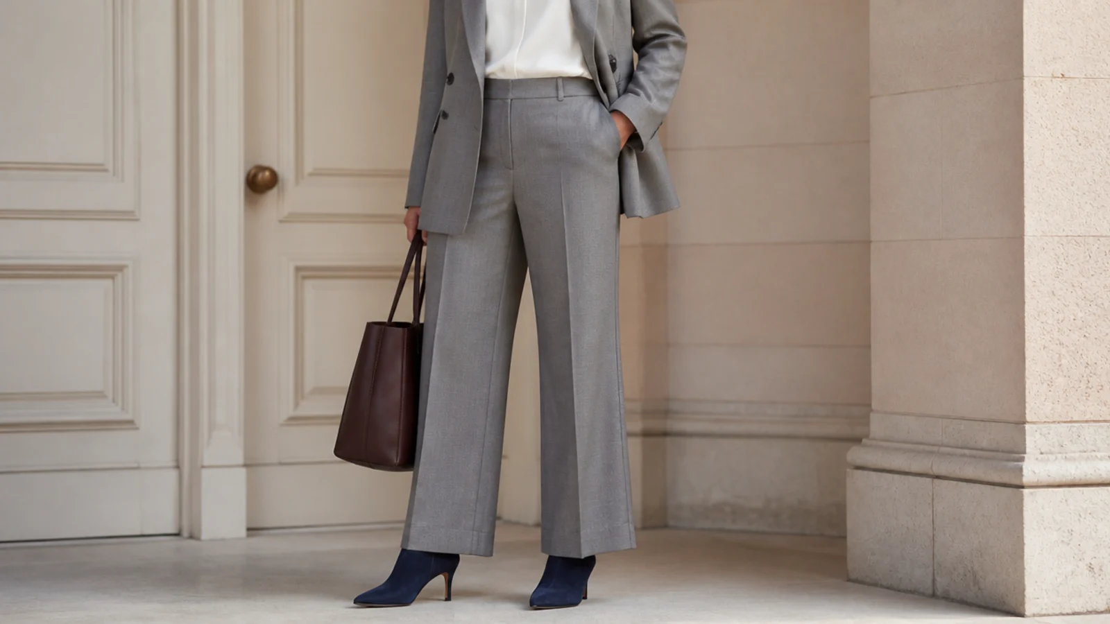 Faceless business formal outfit with gray suit trousers and a navy suede almond-toe ankle boot