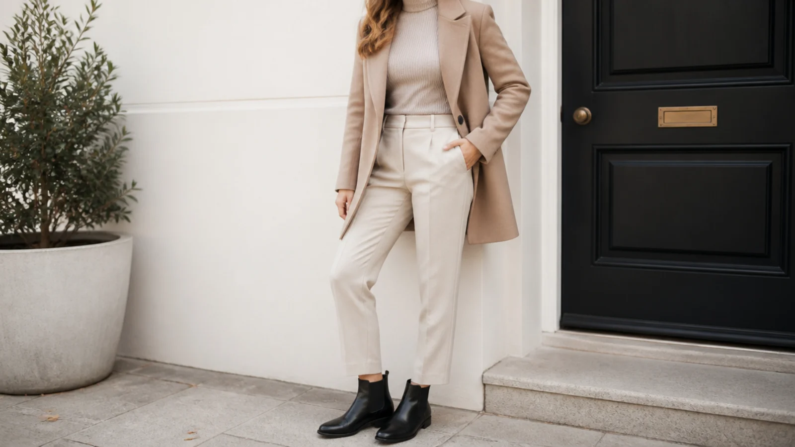 Faceless business casual outfit with cropped tailored trousers, a fine turtleneck and black leather Chelsea boots