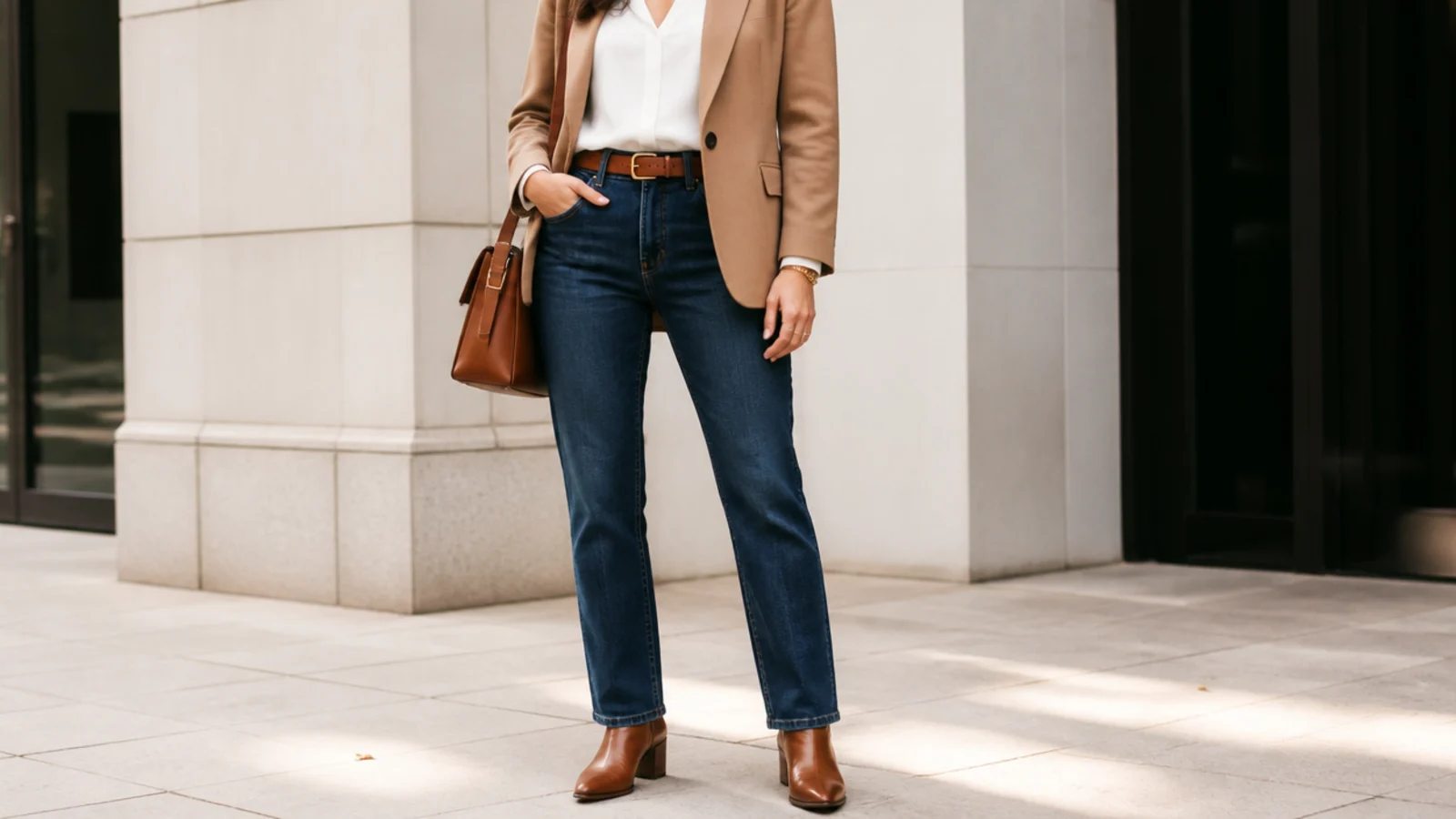 Faceless business casual outfit with dark-wash straight jeans, a camel blazer and cognac leather ankle boots