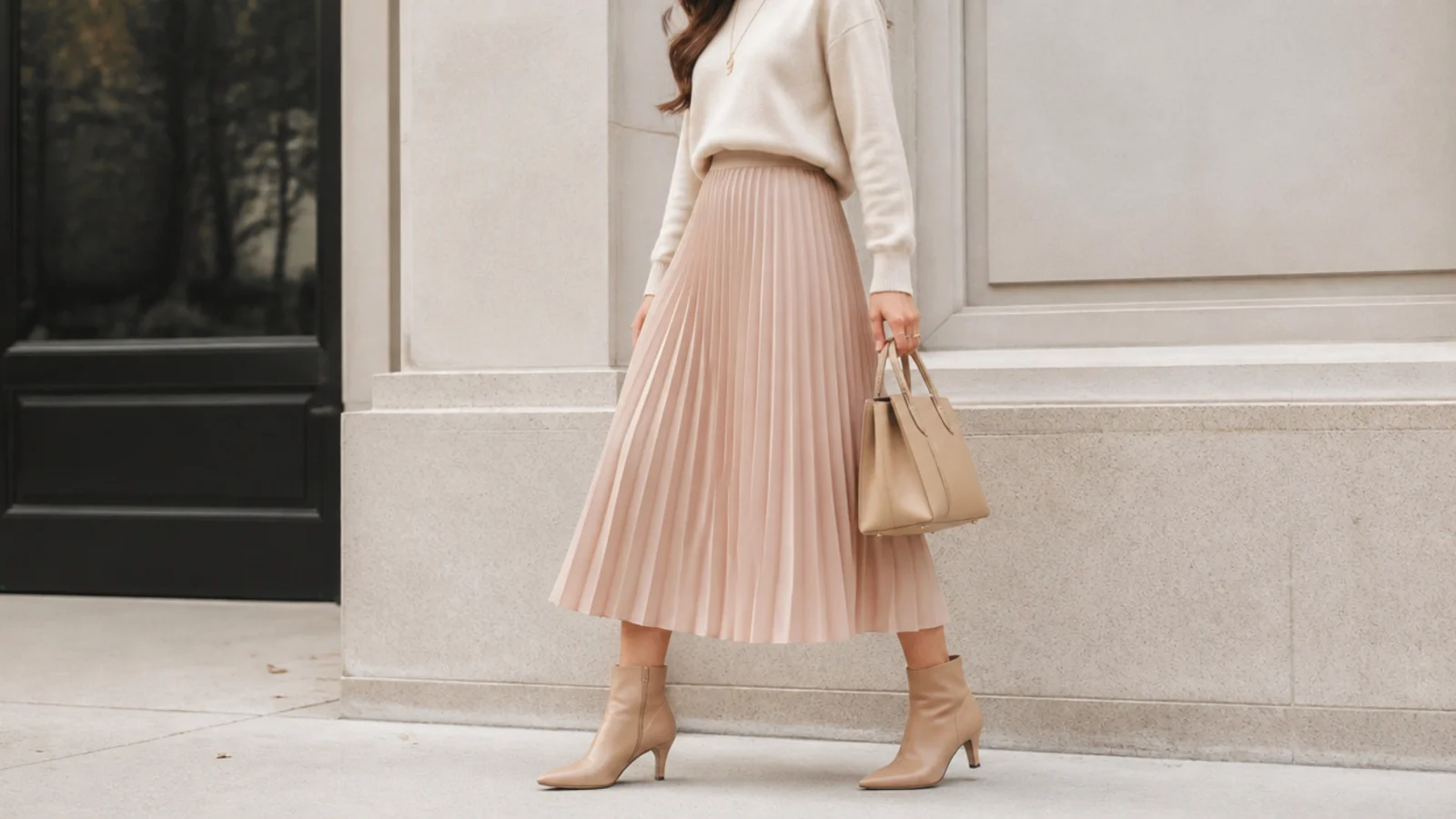 Faceless business casual outfit with a pleated midi skirt, tucked knit and heeled almond-toe ankle boots