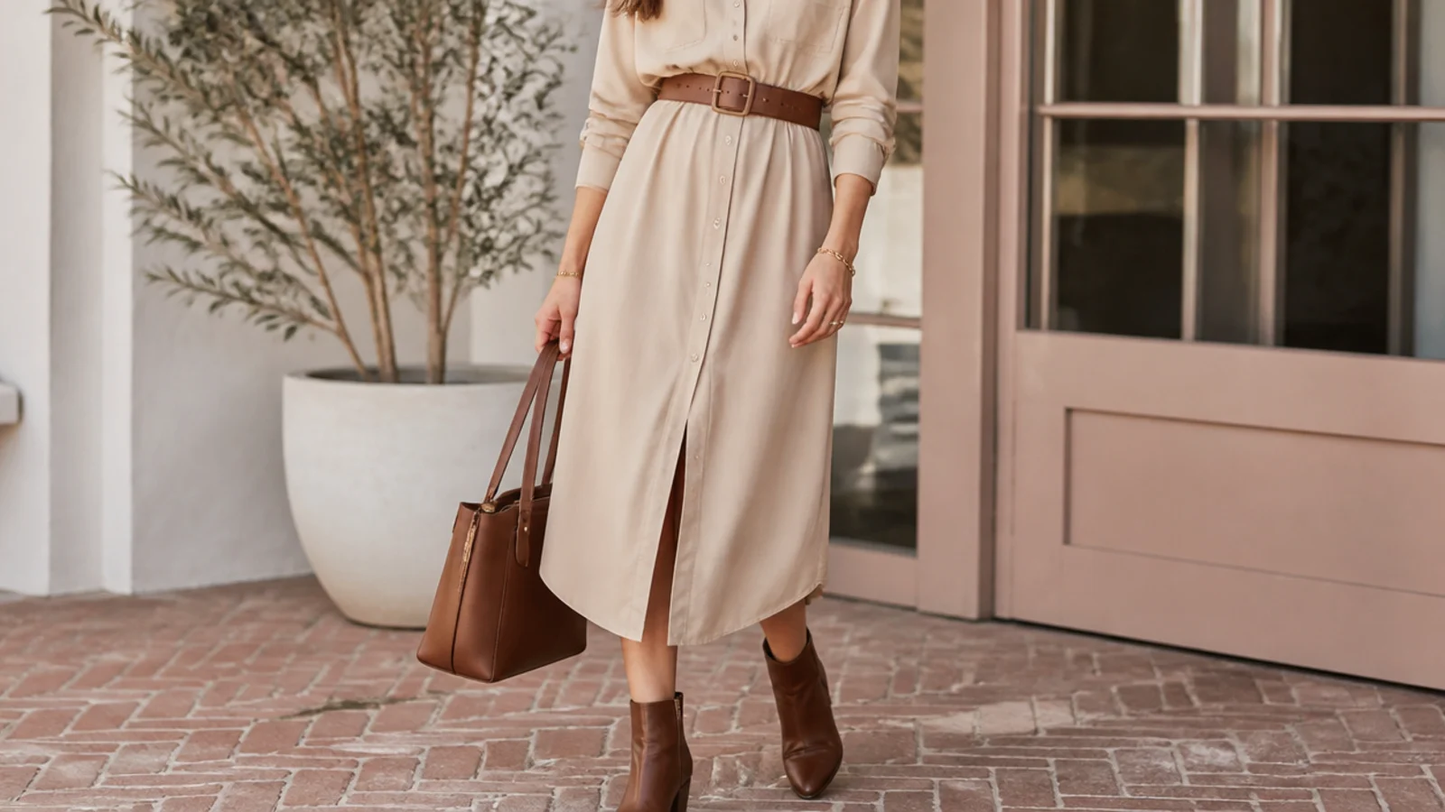 Faceless business casual outfit with a belted shirt dress and a mid-brown almond-toe leather ankle boot