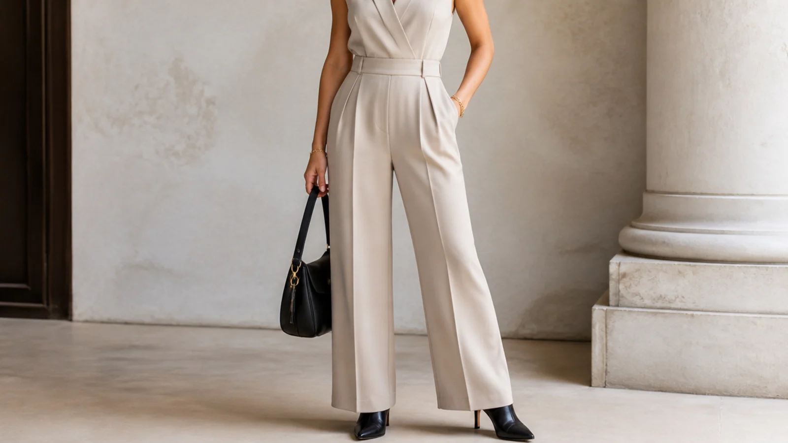 Faceless business casual outfit with a tailored wide-leg jumpsuit and a heeled black leather ankle boot