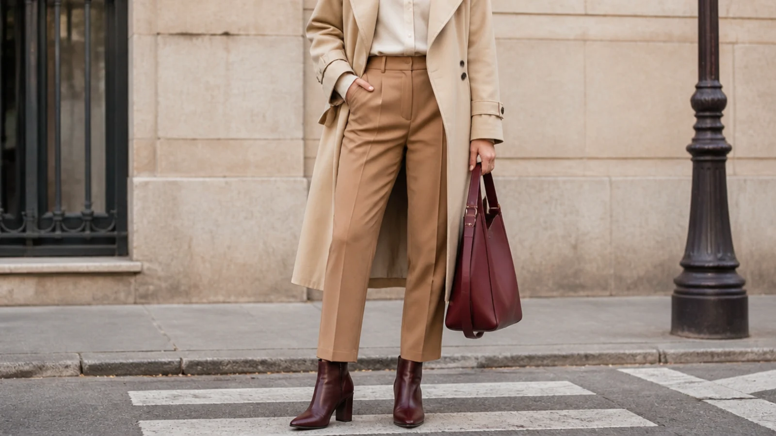 Faceless business casual commute outfit with camel tailored trousers, a beige trench and burgundy leather ankle boots