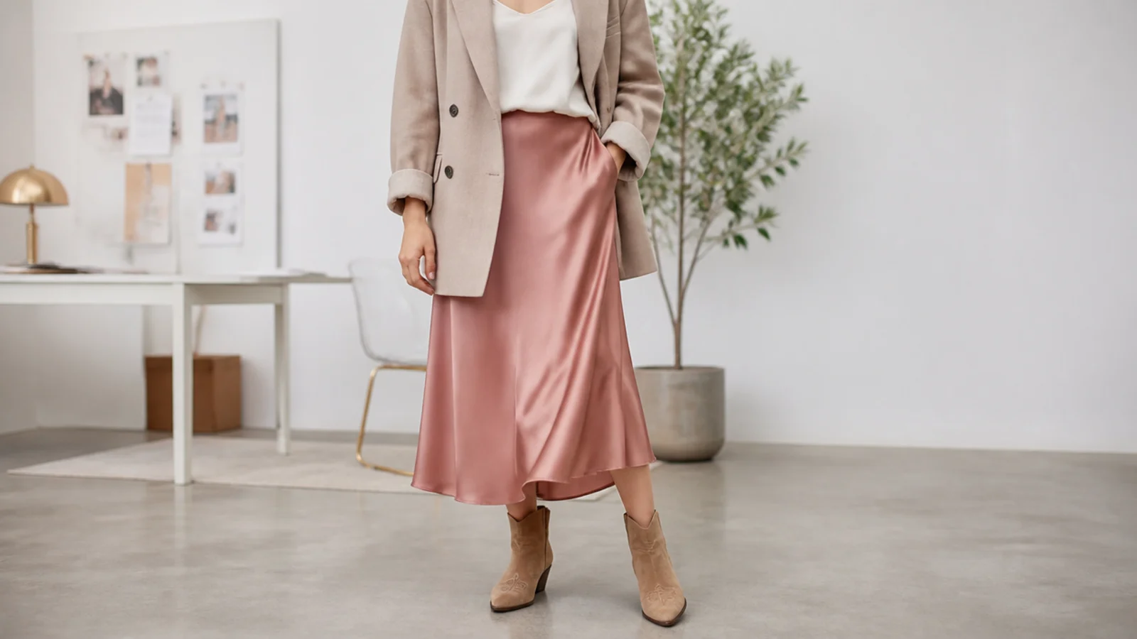 Faceless creative office outfit with a satin slip midi skirt, a relaxed blazer and a tan western ankle boot