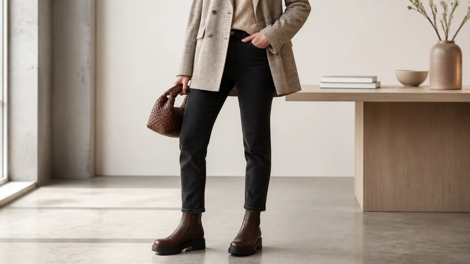 Faceless creative office outfit with dark straight jeans, an oversized blazer and a chunky lug-sole leather ankle boot