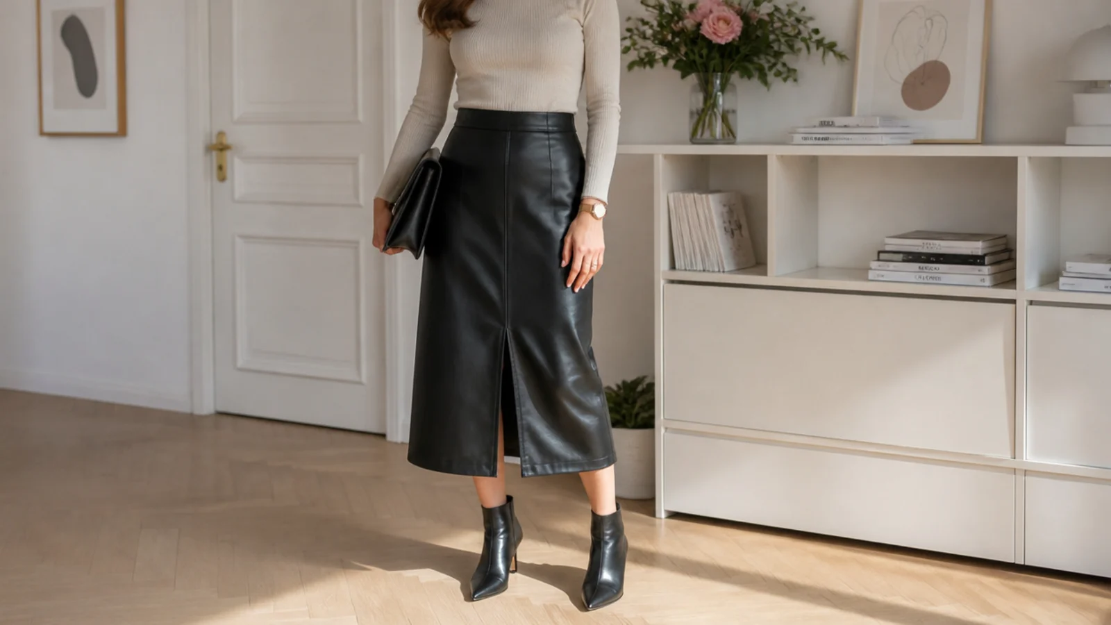 Faceless creative office outfit with a black leather midi skirt, a fine turtleneck and pointed black ankle boots