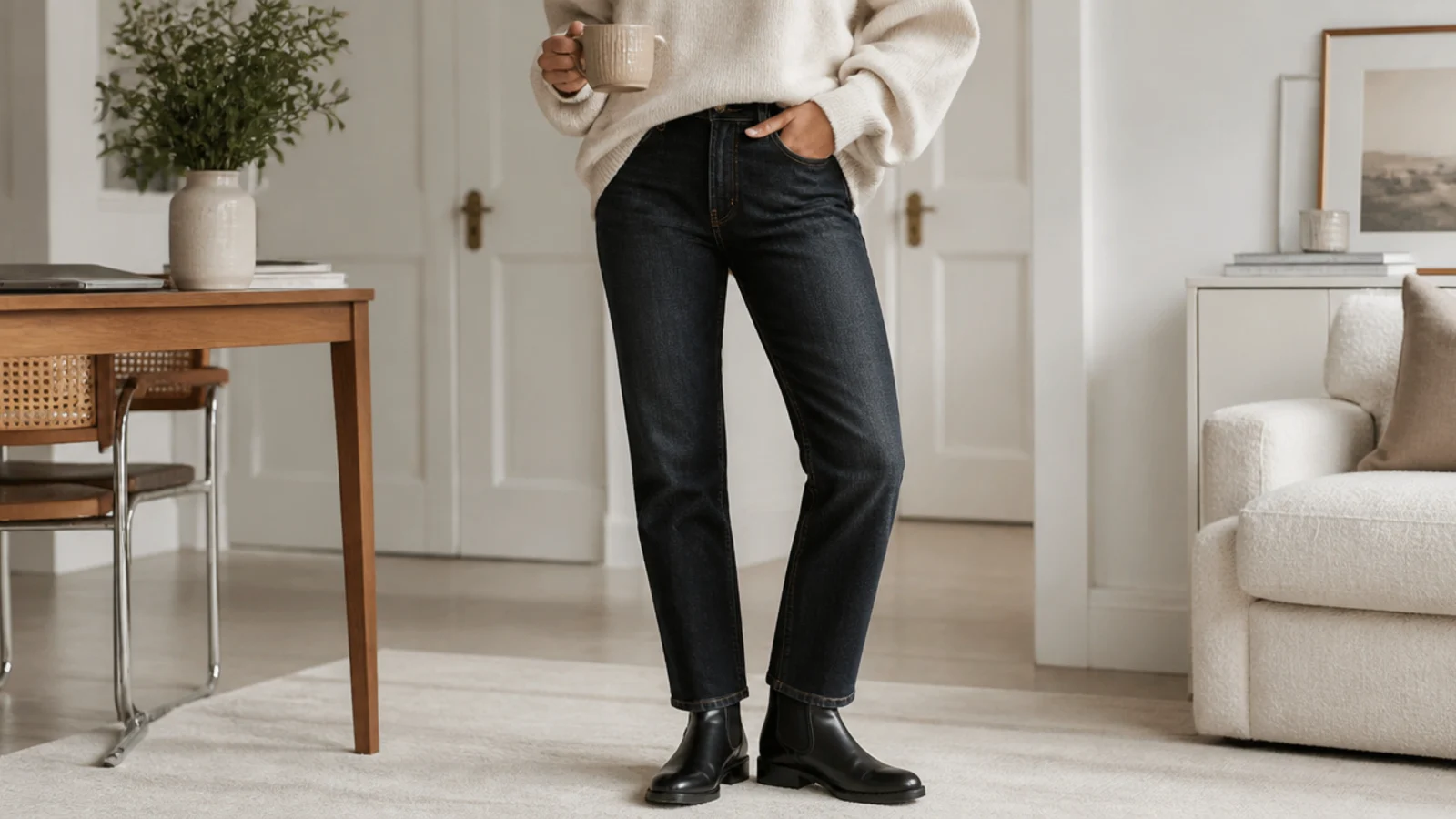 Faceless work-from-home hybrid outfit with dark straight jeans, a soft knit and black leather Chelsea boots