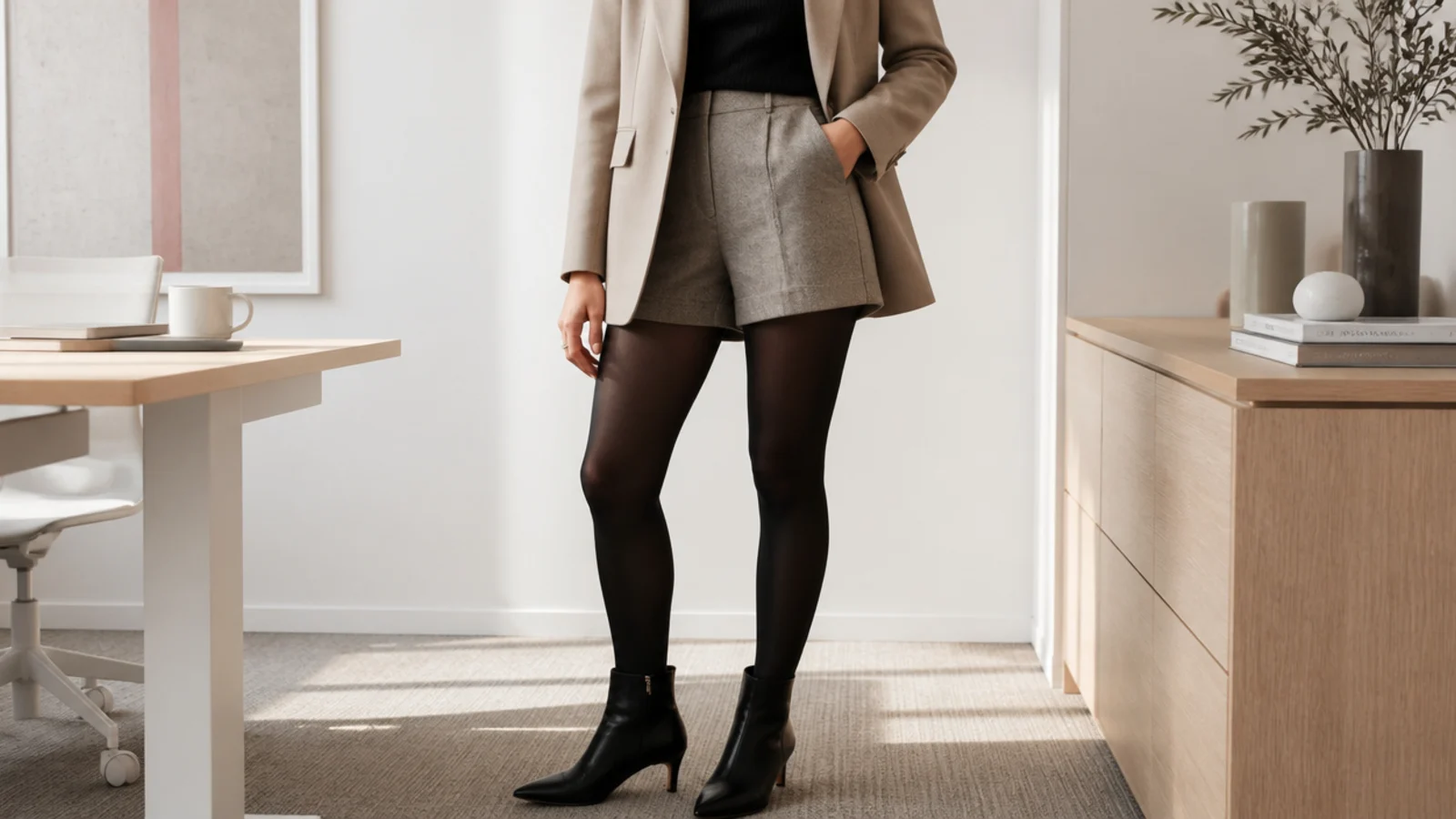 Faceless creative office outfit with tailored wool shorts, opaque black tights, a blazer and heeled black ankle boots