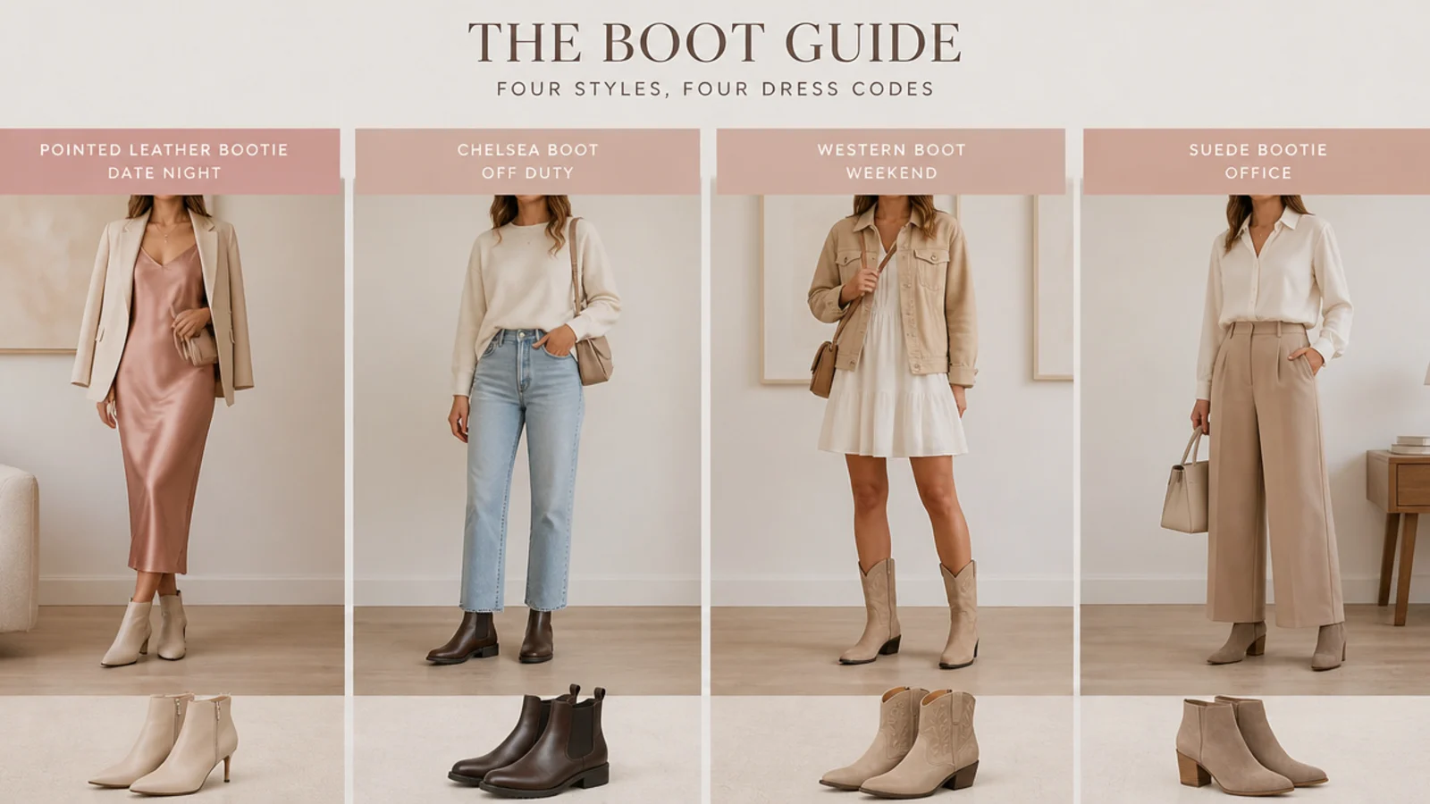 Faceless flat-lay comparing a pointed leather bootie, a Chelsea boot, a western boot and a suede bootie by dress code
