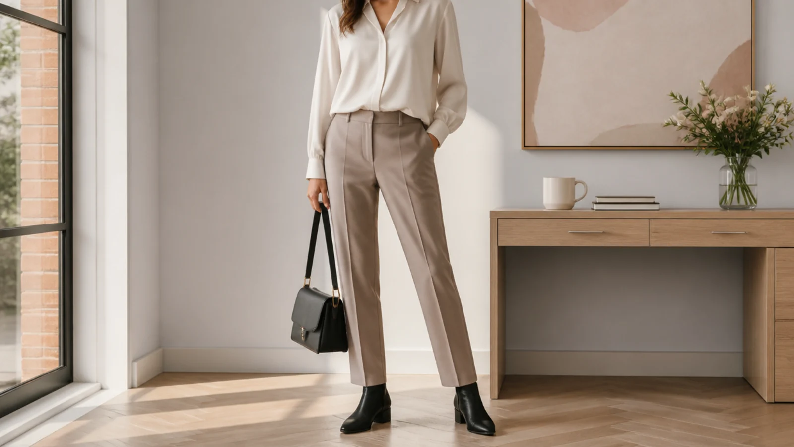 Faceless office outfit pairing a low-heeled black leather ankle boot with tailored trousers and a blouse