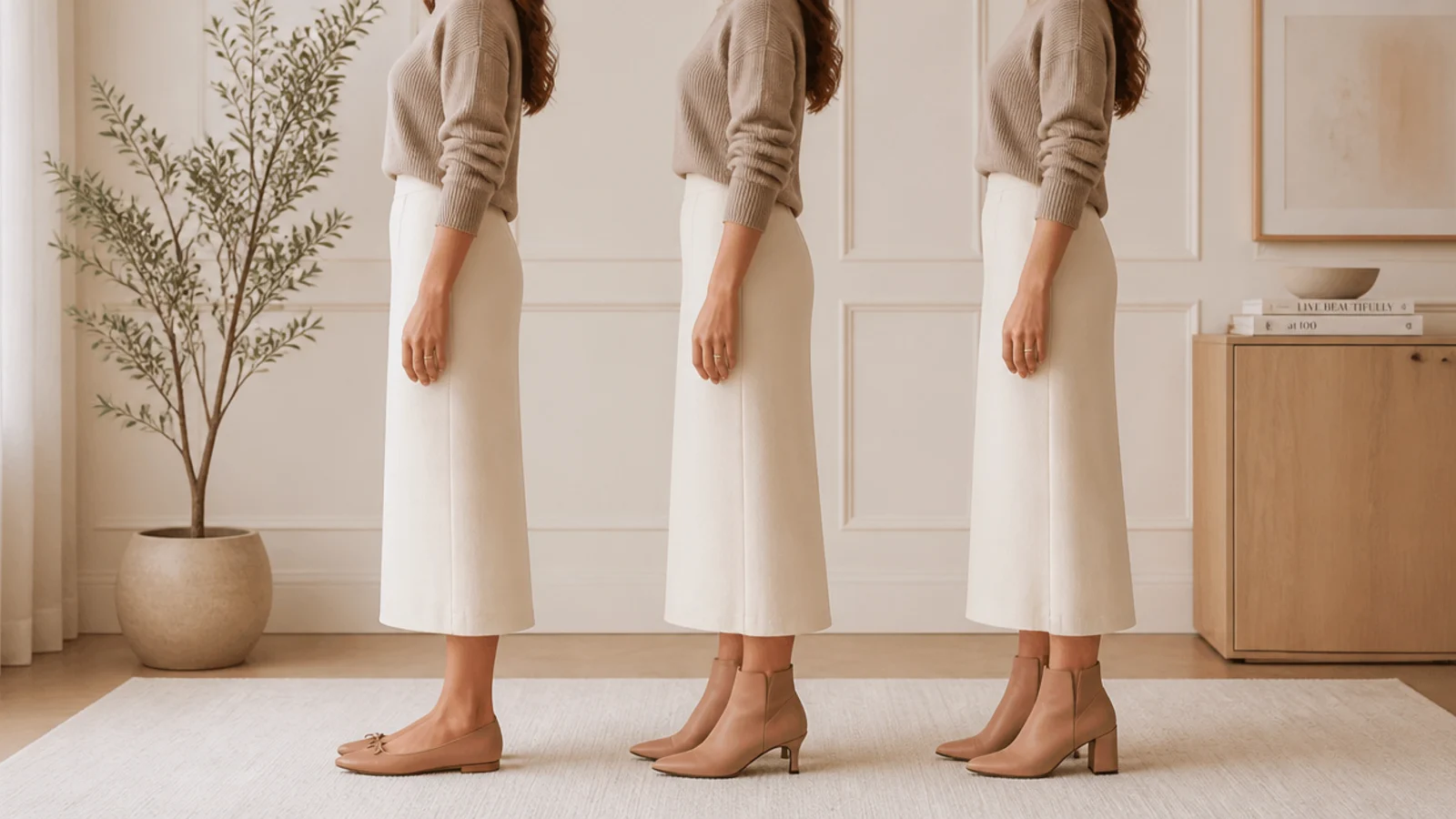 Faceless lineup of a flat, a kitten-heel and a block-heel leather ankle boot for comparing work heel heights