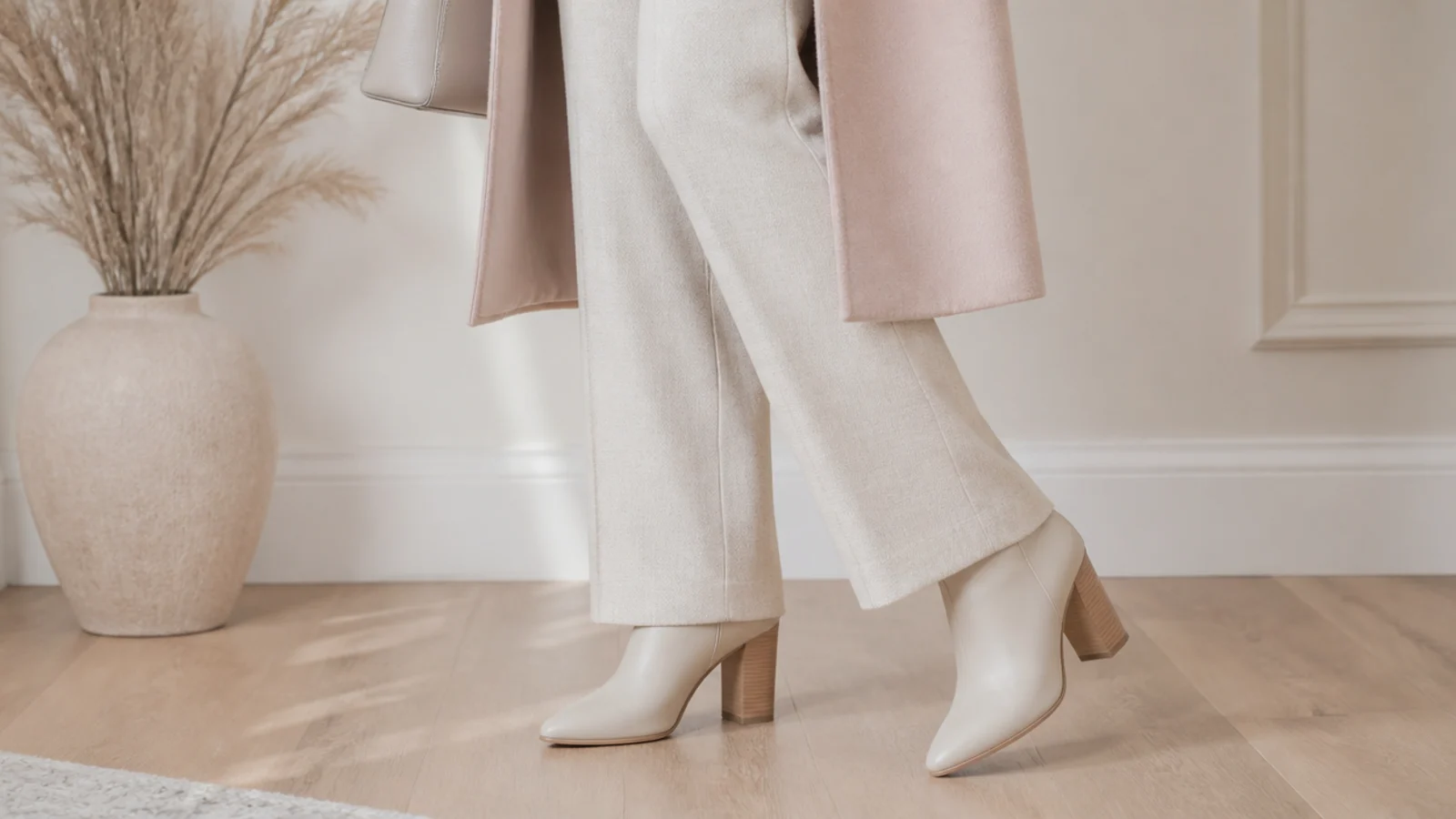 Faceless close shot showing a trouser hem meeting a tall boot shaft with no bare skin at the ankle