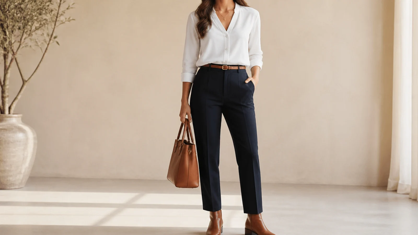 Faceless work outfit with a white blouse, dark trousers and a low-heeled leather ankle boot