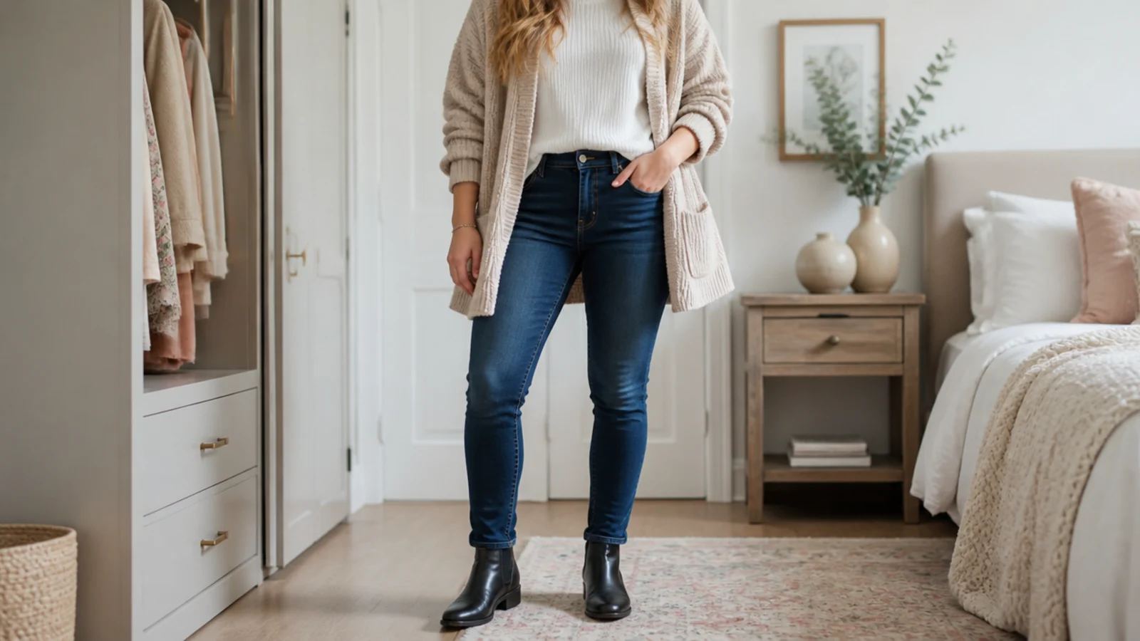 Faceless outfit with black leather Chelsea ankle boots, elastic side gussets and skinny jeans