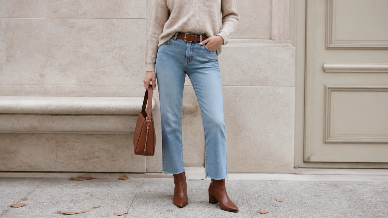 Faceless outfit with a mid-brown almond-toe leather ankle boot, cropped straight jeans and a knit