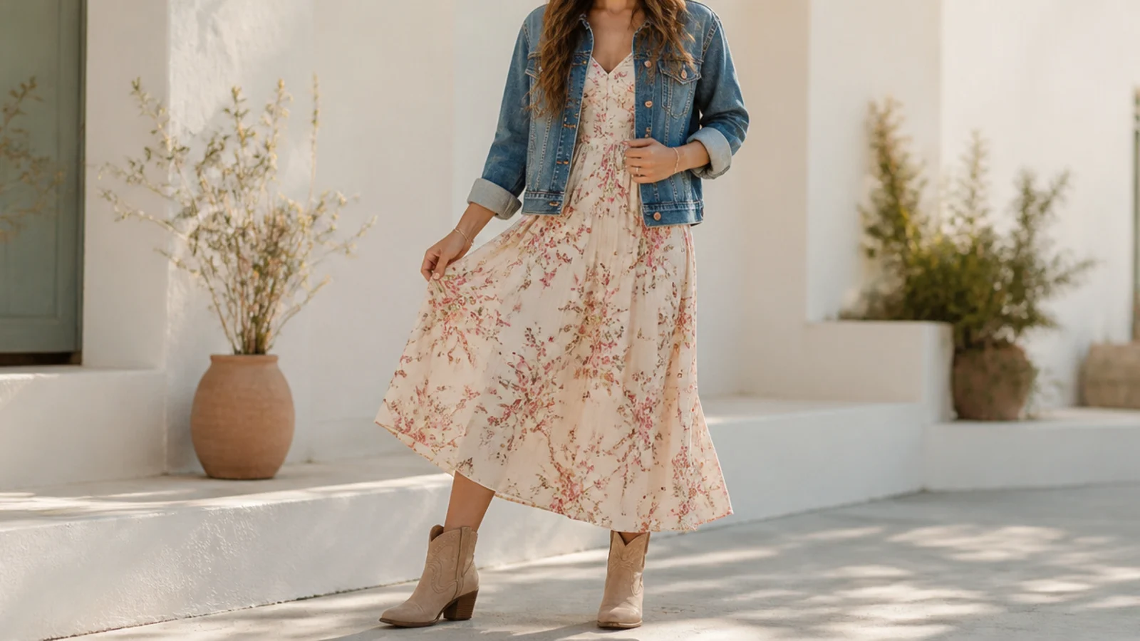 Faceless outfit with tan western ankle boots, a fluid floral midi dress and a denim jacket