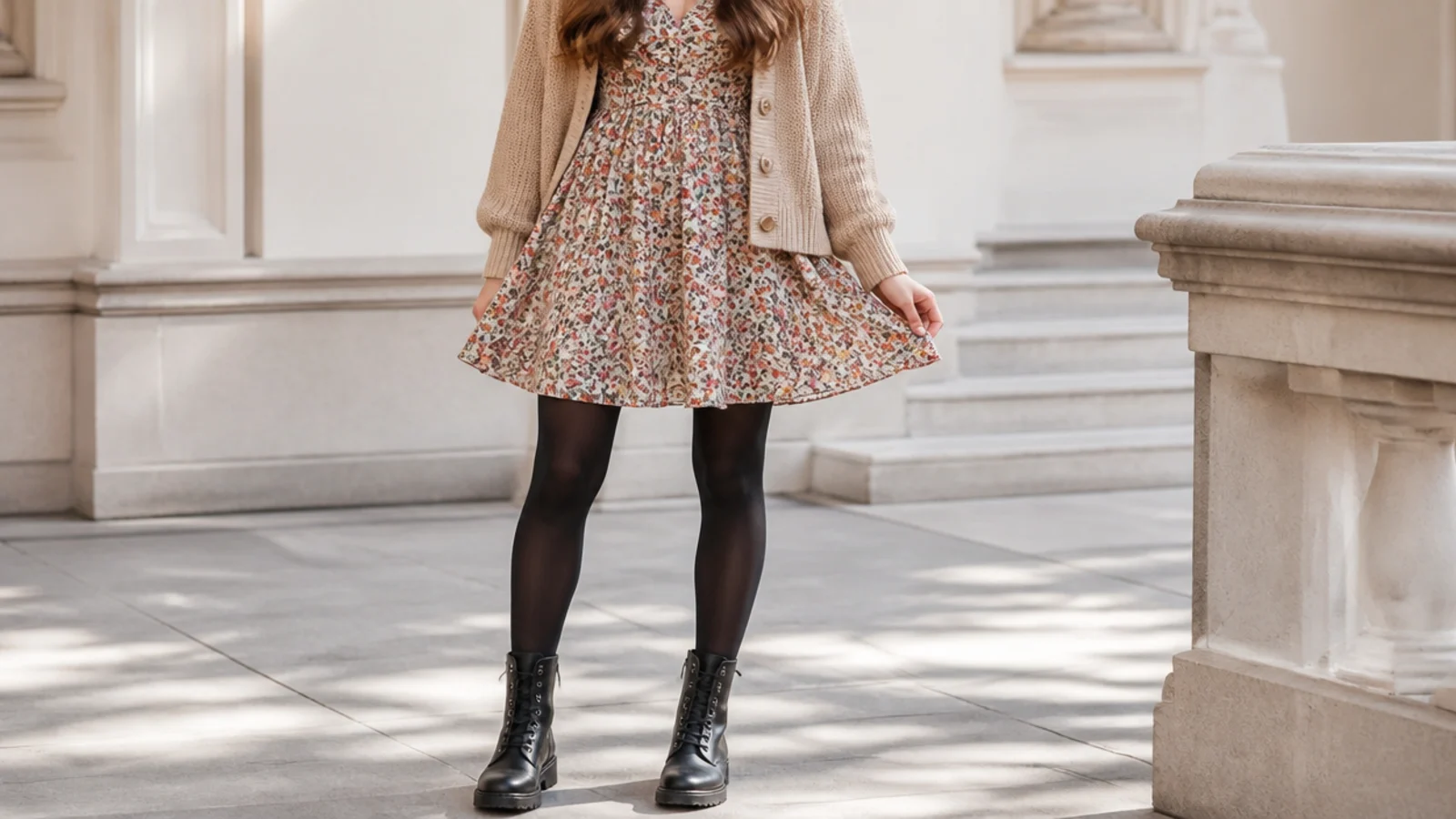Faceless outfit with black lace-up combat ankle boots, a floral dress and opaque tights