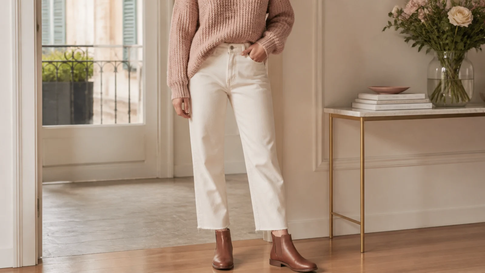 Faceless everyday outfit with flat leather ankle boots, cropped straight jeans and a chunky knit