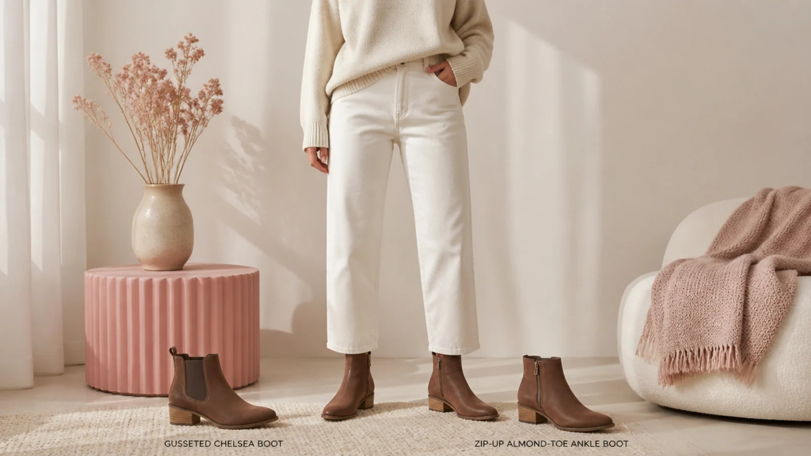 Faceless comparison of a gusseted Chelsea boot beside a zip-up almond-toe ankle boot