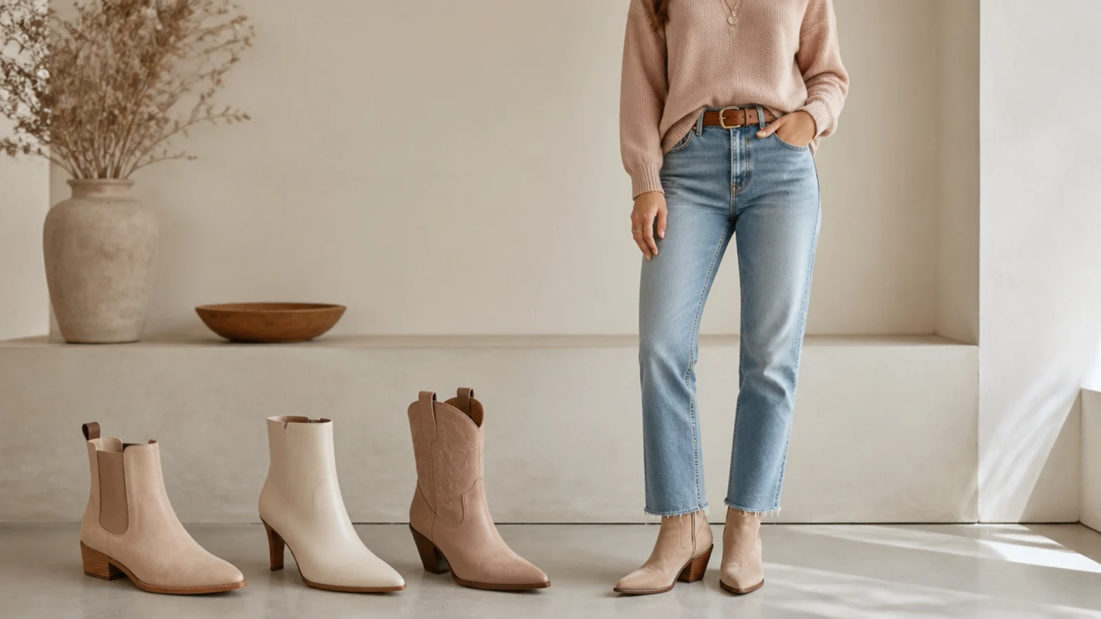 Faceless trio of a Chelsea boot, a pointed heeled bootie and a stitched western boot side by side
