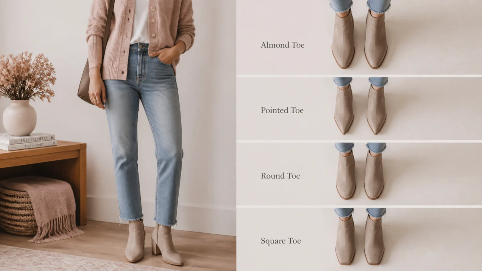 Faceless flat-lay comparing almond, pointed, round and square ankle boot toe shapes