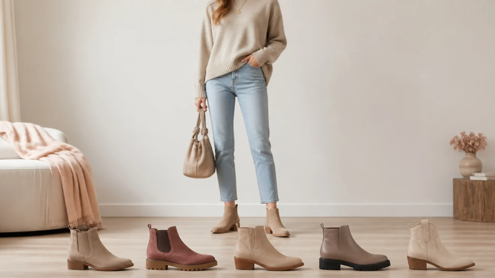 Faceless flat-lay of five ankle boot styles compared, from Chelsea to lug-sole to western