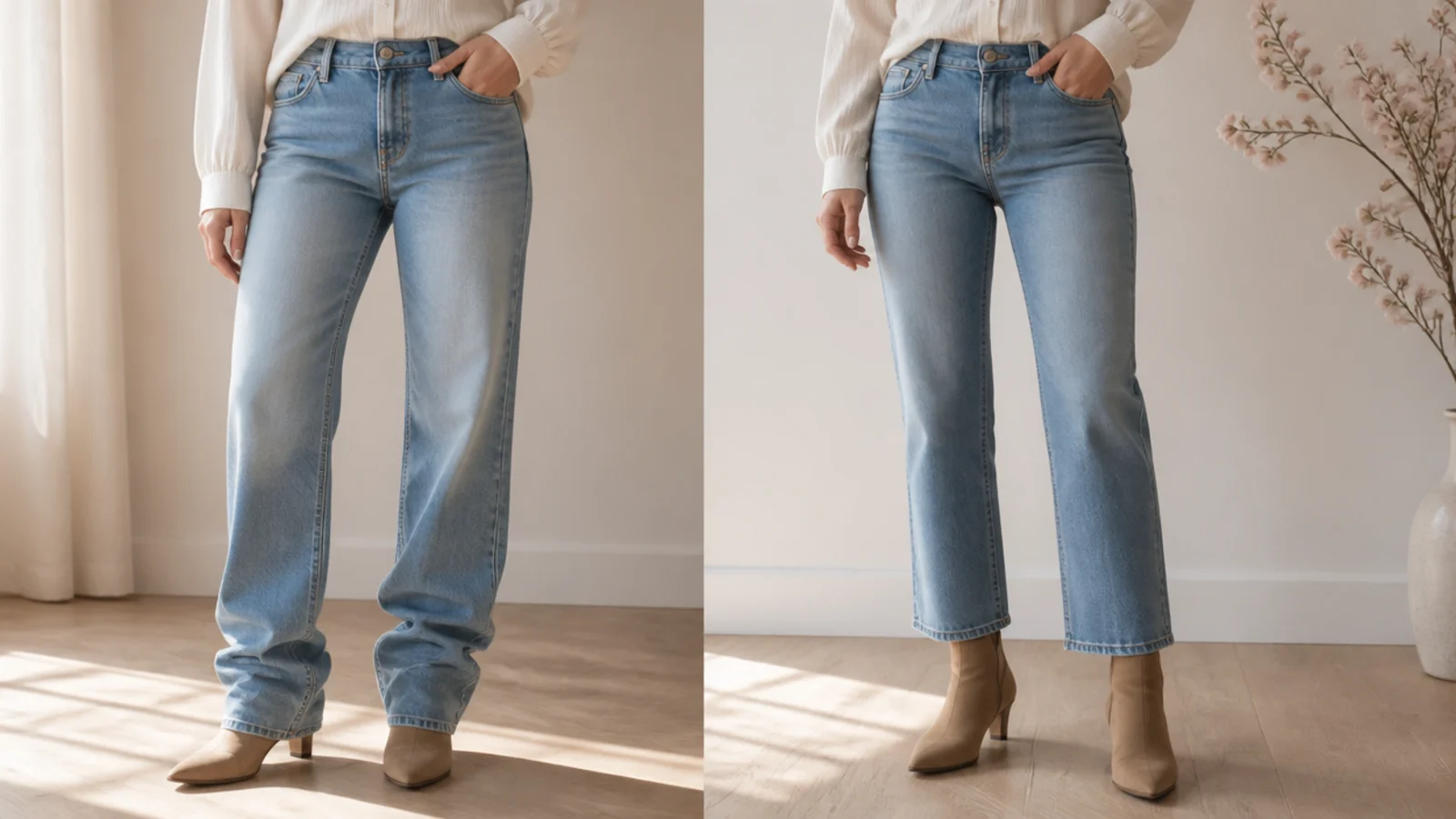 Faceless comparison showing a bunched full-length jean over a boot beside a clean cropped hem