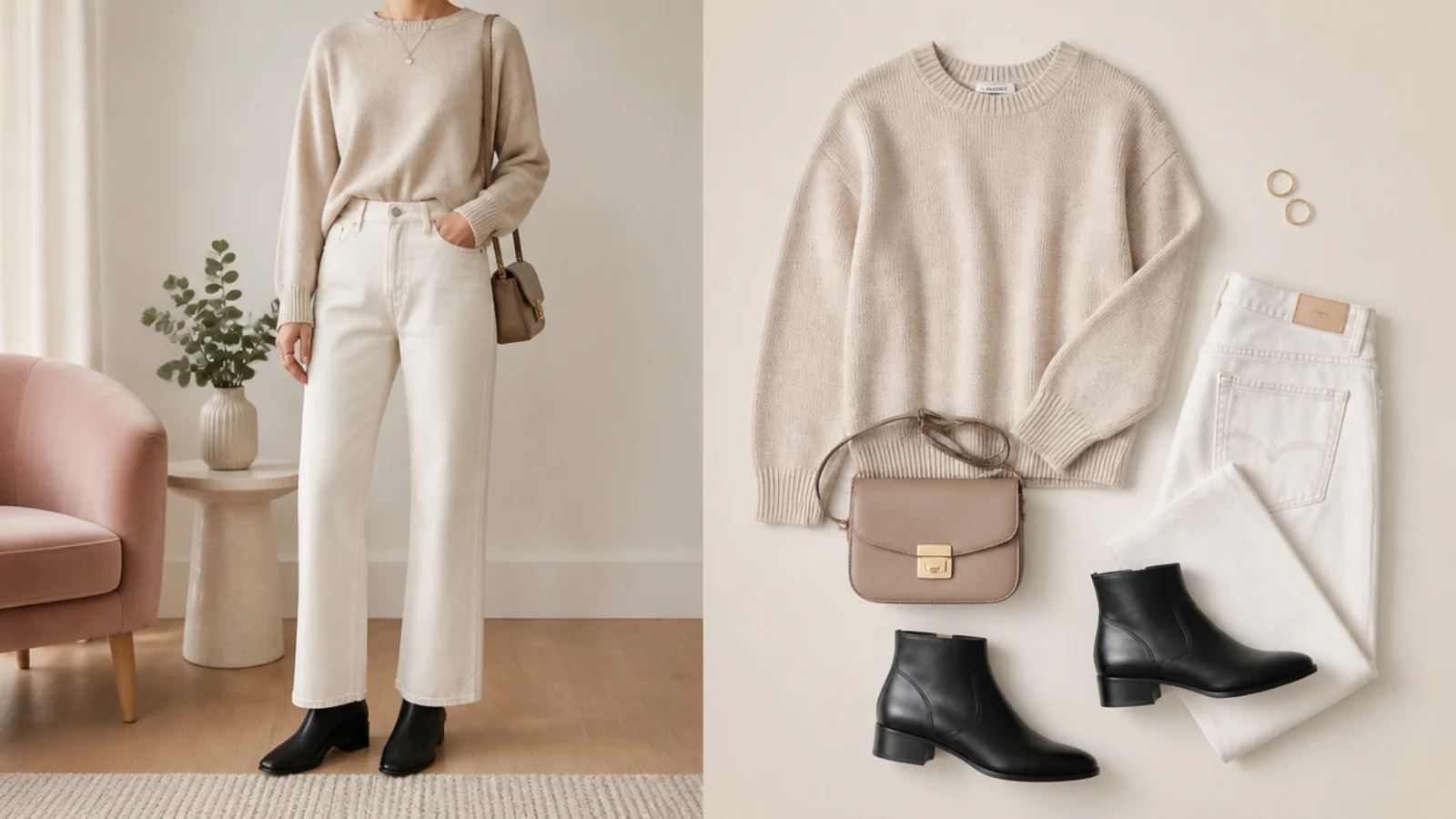 Faceless flat-lay of a black almond-toe leather ankle boot with a low block heel as a first pair