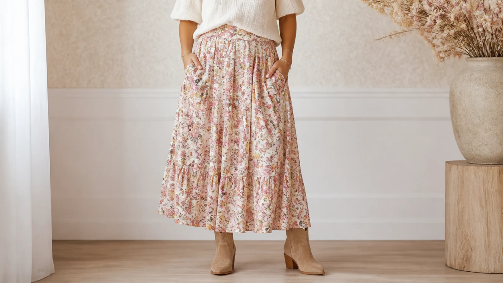 Faceless outfit with a floral midi skirt and tan western ankle boots peeking at the hem