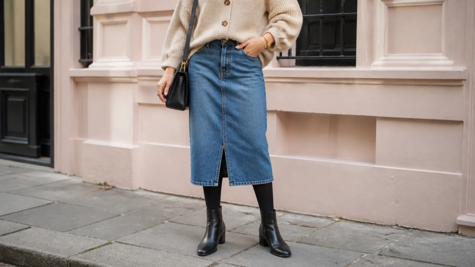 Faceless outfit with a straight denim midi skirt, black tights and black leather ankle boots
