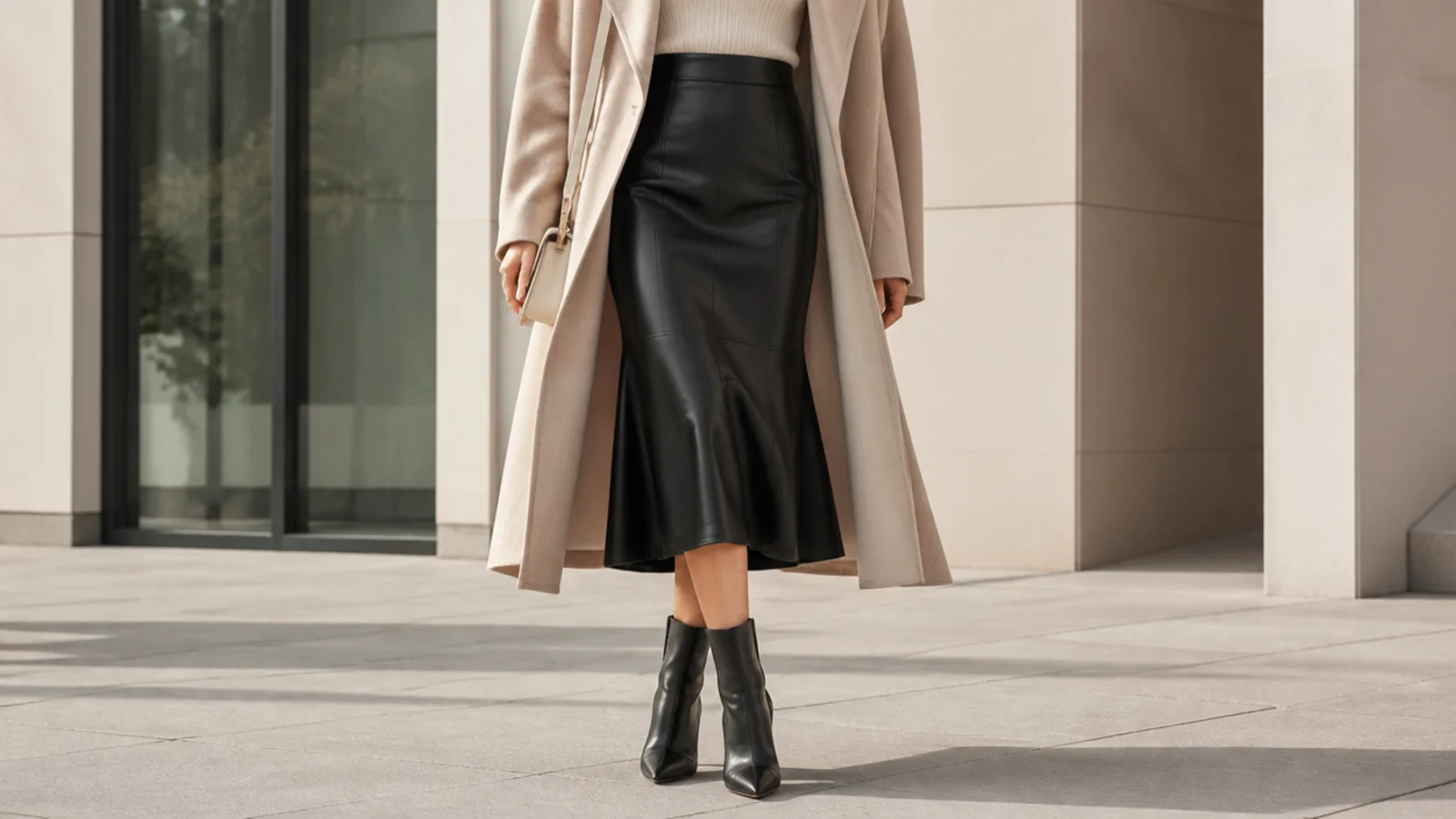 Faceless dressy outfit with a black leather midi skirt and heeled pointed ankle boots