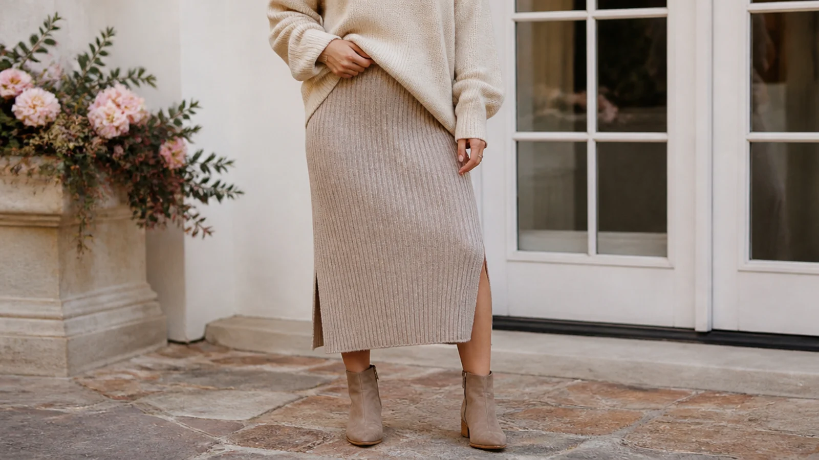 Faceless fall outfit with an oversized sweater, a knit midi skirt and low almond-toe ankle boots