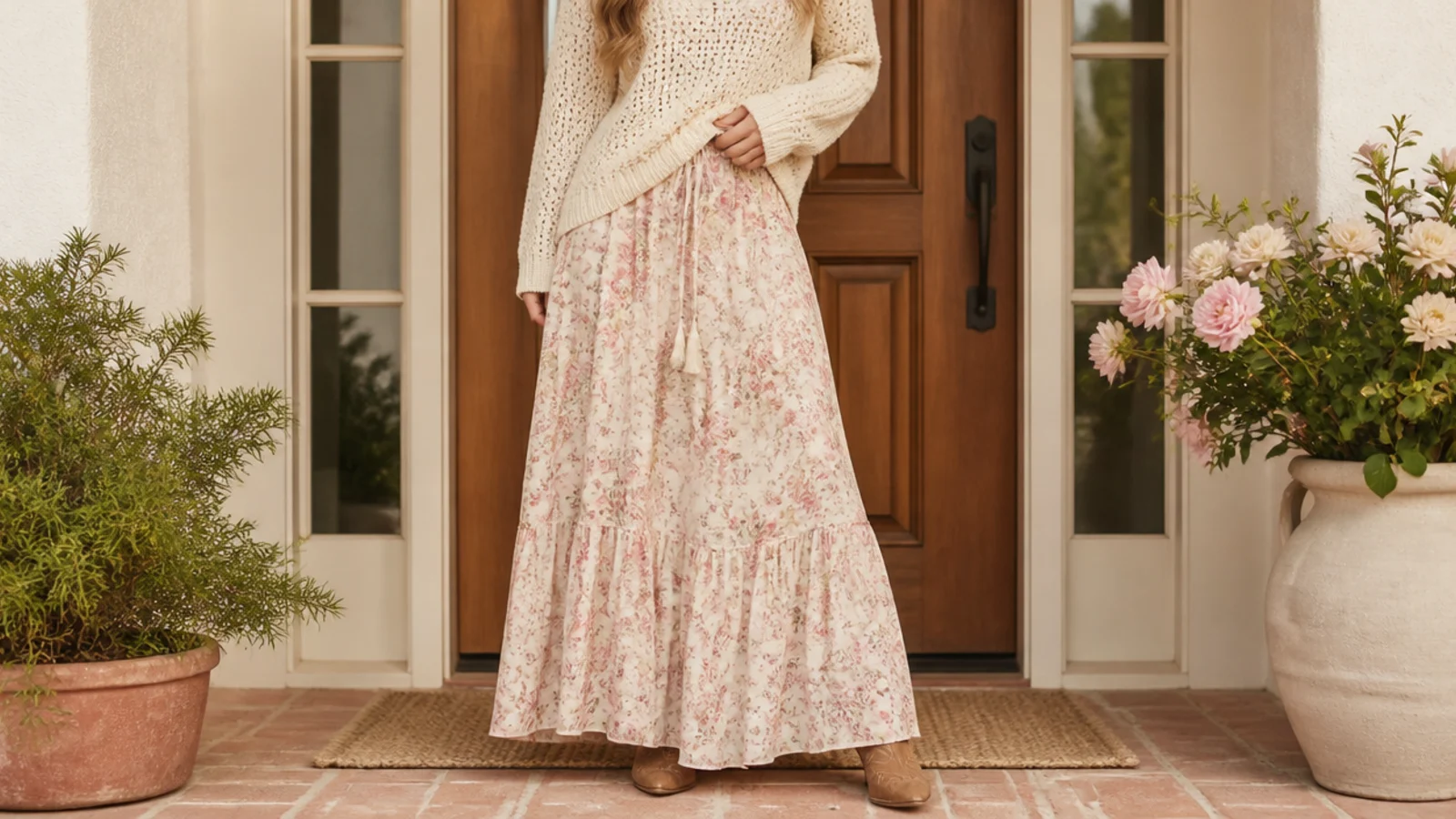 Faceless outfit with a flowing maxi skirt and tan western ankle boots peeking at the hem