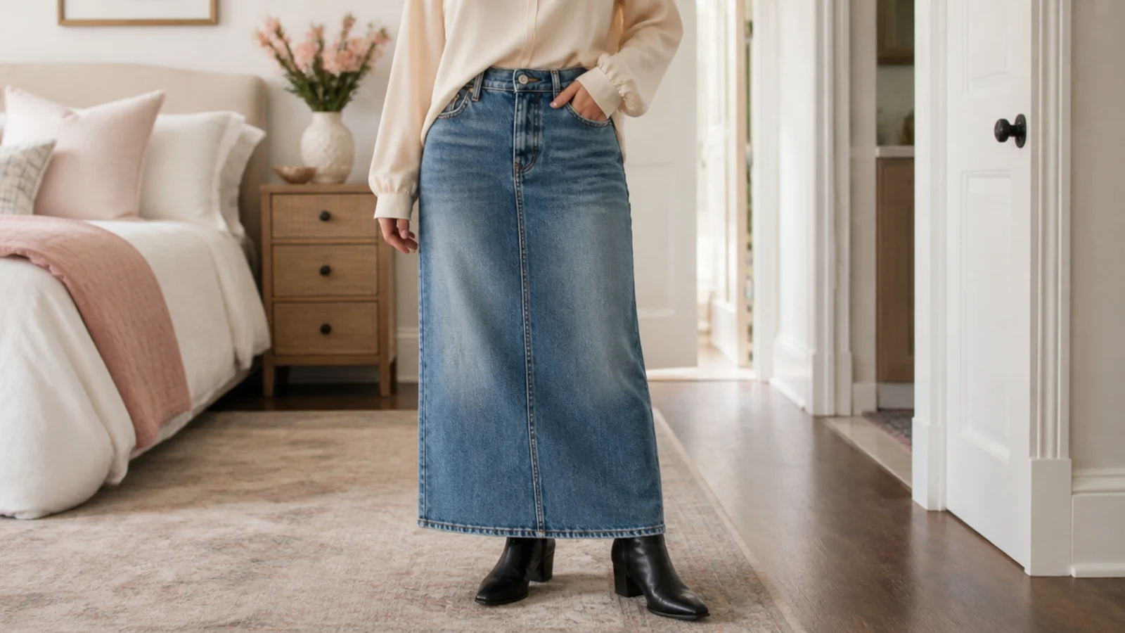 Faceless outfit with a denim column maxi skirt and black leather ankle boots at the hem