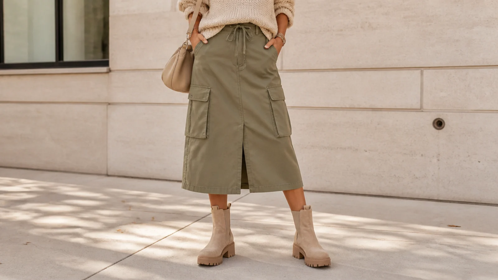 Faceless outfit with a khaki cargo utility midi skirt and chunky lug-sole ankle boots