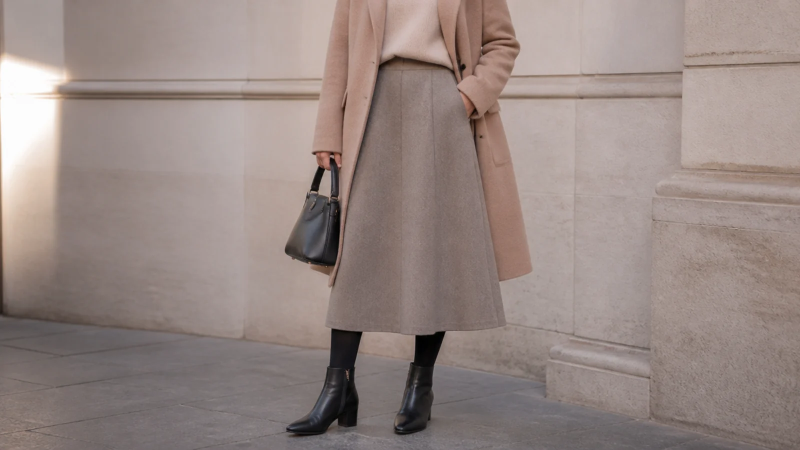 Faceless winter outfit with a wool midi skirt, opaque black tights and black leather ankle boots