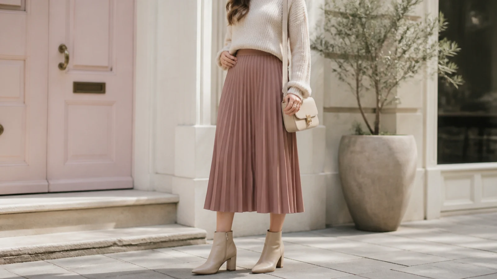 Faceless outfit with a pleated midi skirt and a heeled almond-toe ankle boot showing the hem-to-shaft gap