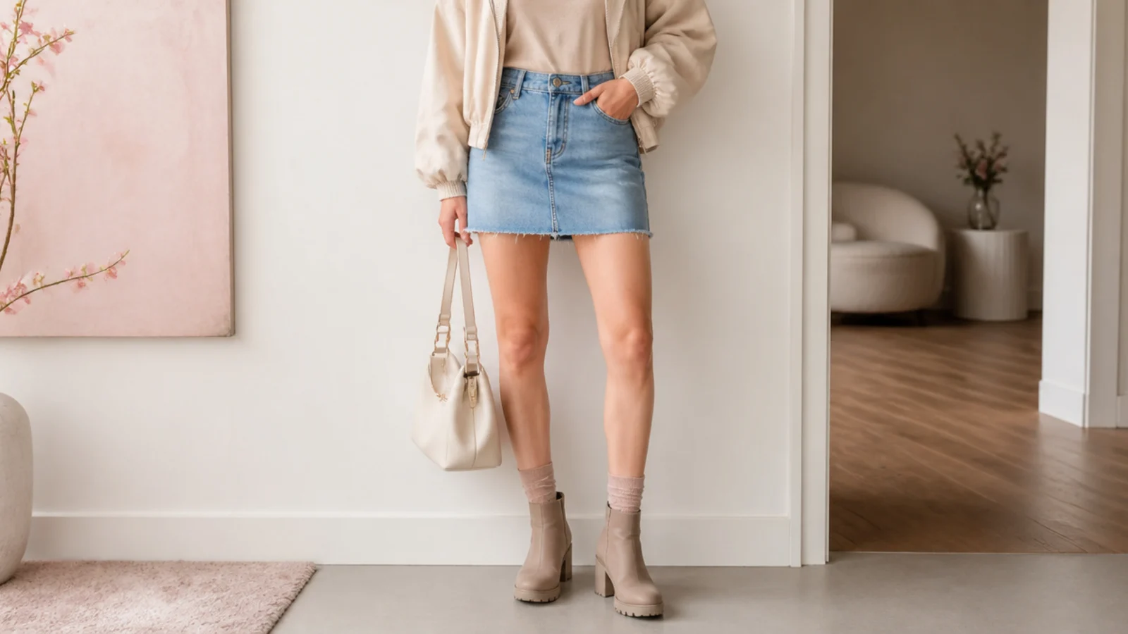 Faceless outfit pairing a denim mini skirt with a slightly chunky ankle boot and sheer socks for balance