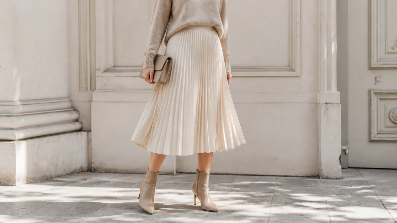 Faceless outfit with a pleated midi skirt, tucked knit and heeled almond-toe ankle boots