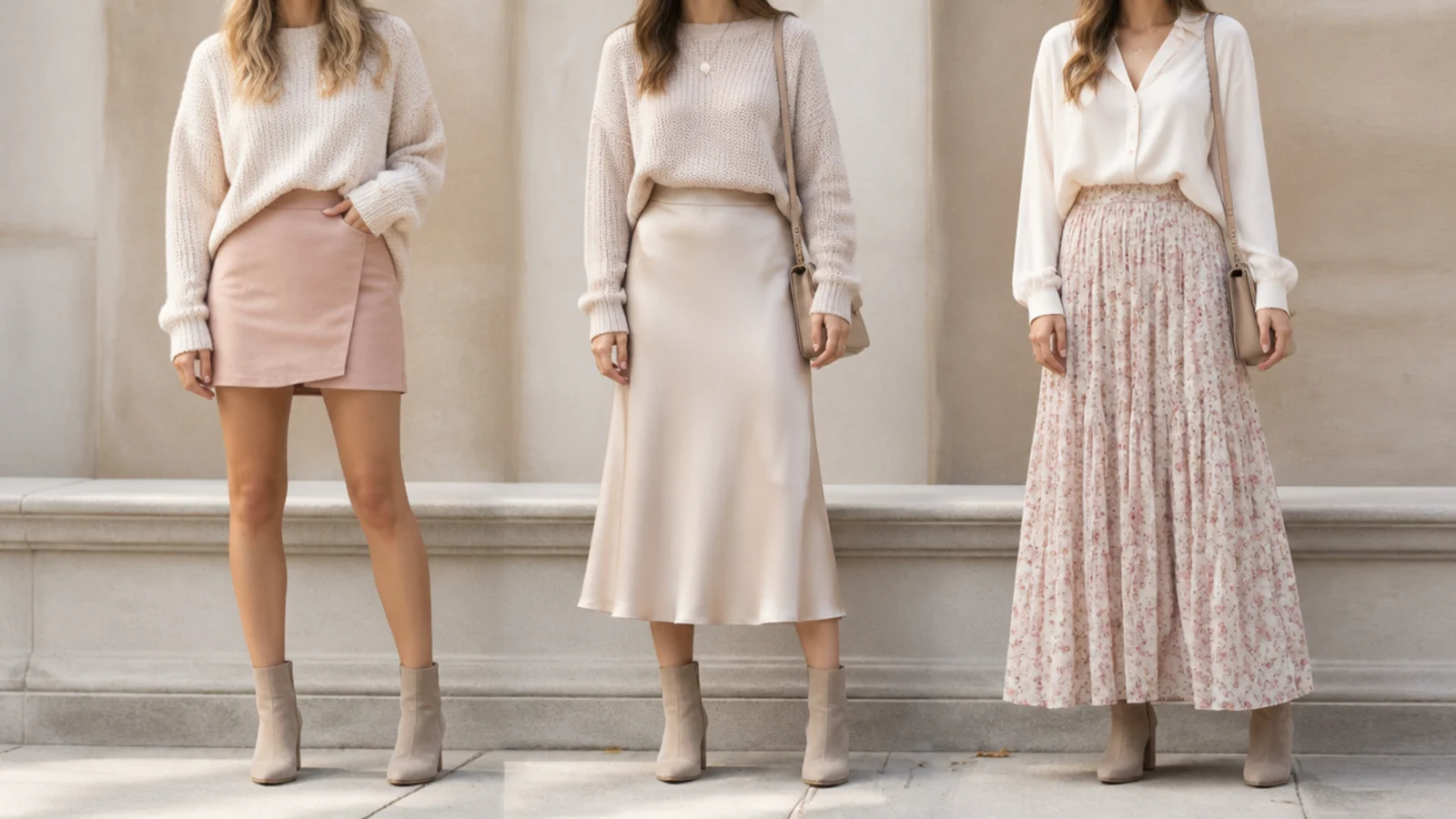 Faceless comparison of a mini, a midi and a maxi skirt each styled with an ankle boot for length