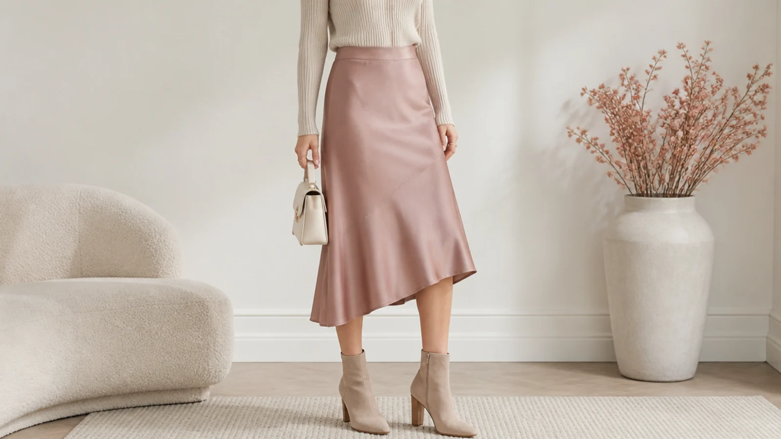 Faceless diagram-style shot showing a skirt hem breaking above an ankle boot shaft at the slimmest calf point
