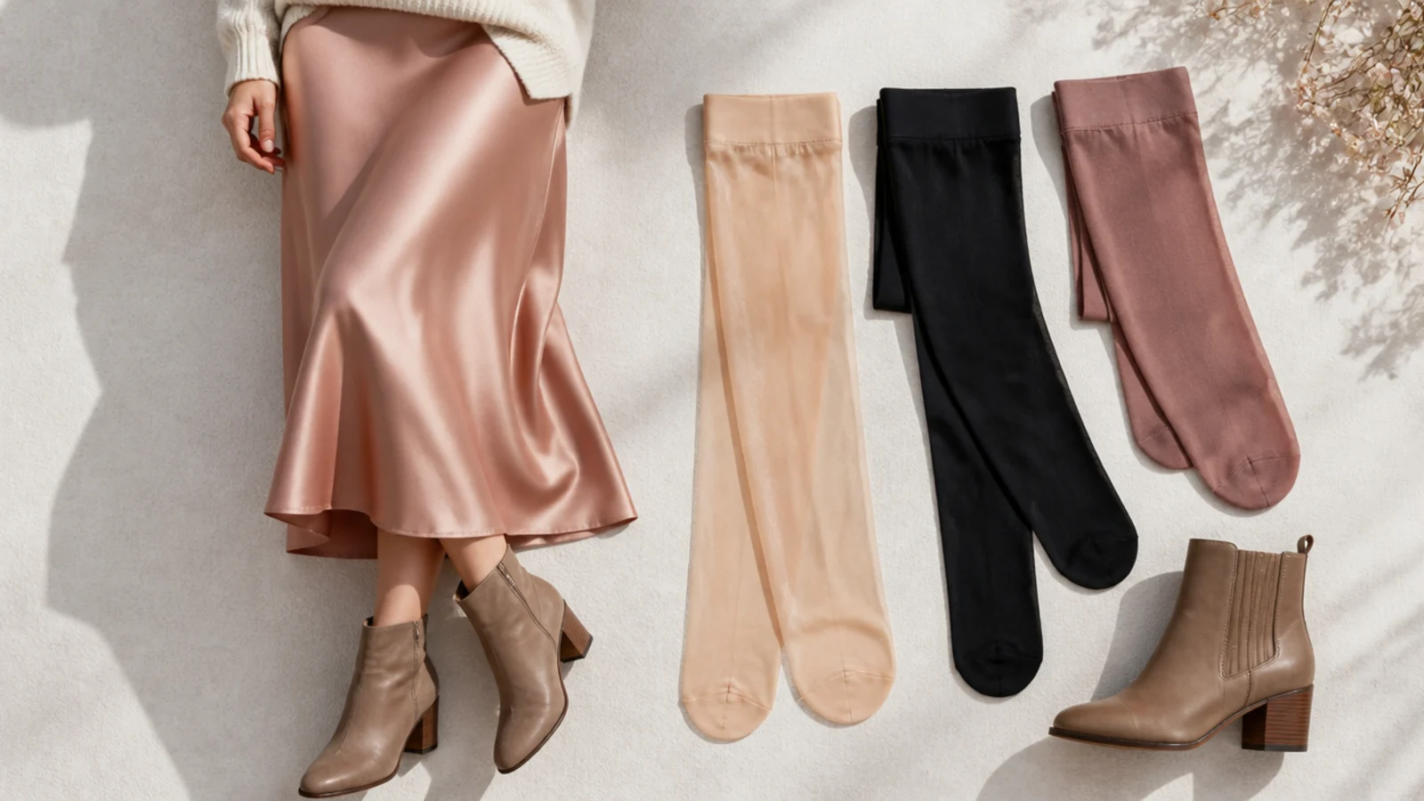 Faceless flat-lay of sheer, opaque and colored tights laid beside a leather ankle boot and a midi skirt